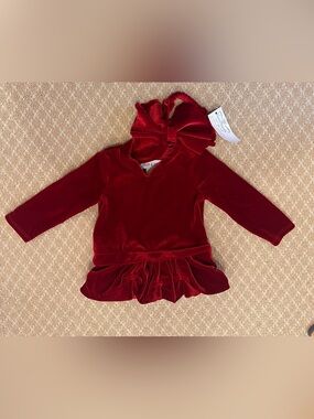 Isobella & Chloe Red Velvet Dress with Bow Headband- 12 month